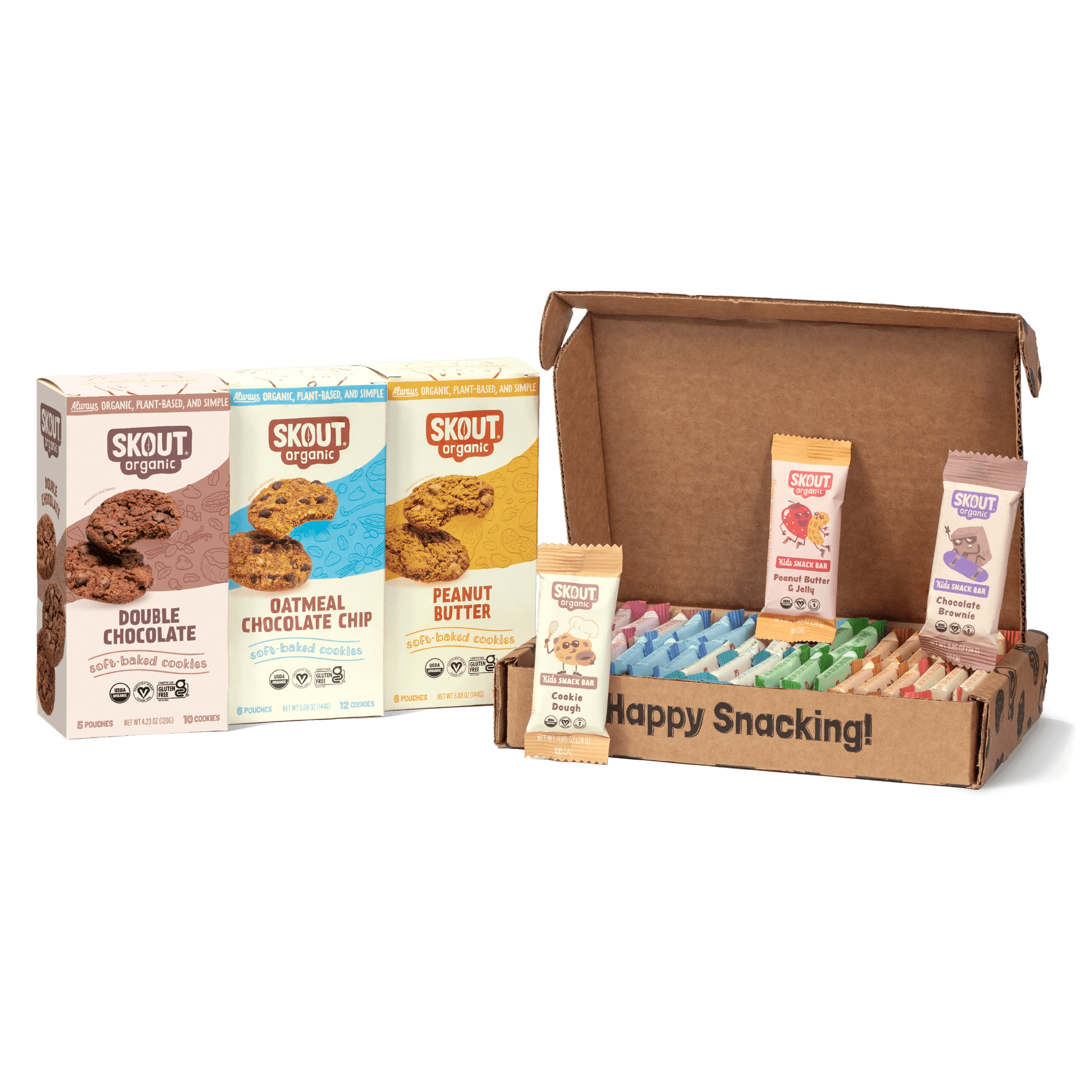 Skout organic cookie packages and a cardboard box with snacks on a gray background