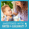 Woman and child with Skout cookies, text 'Sweetened with Dates & Coconut' on a blue background