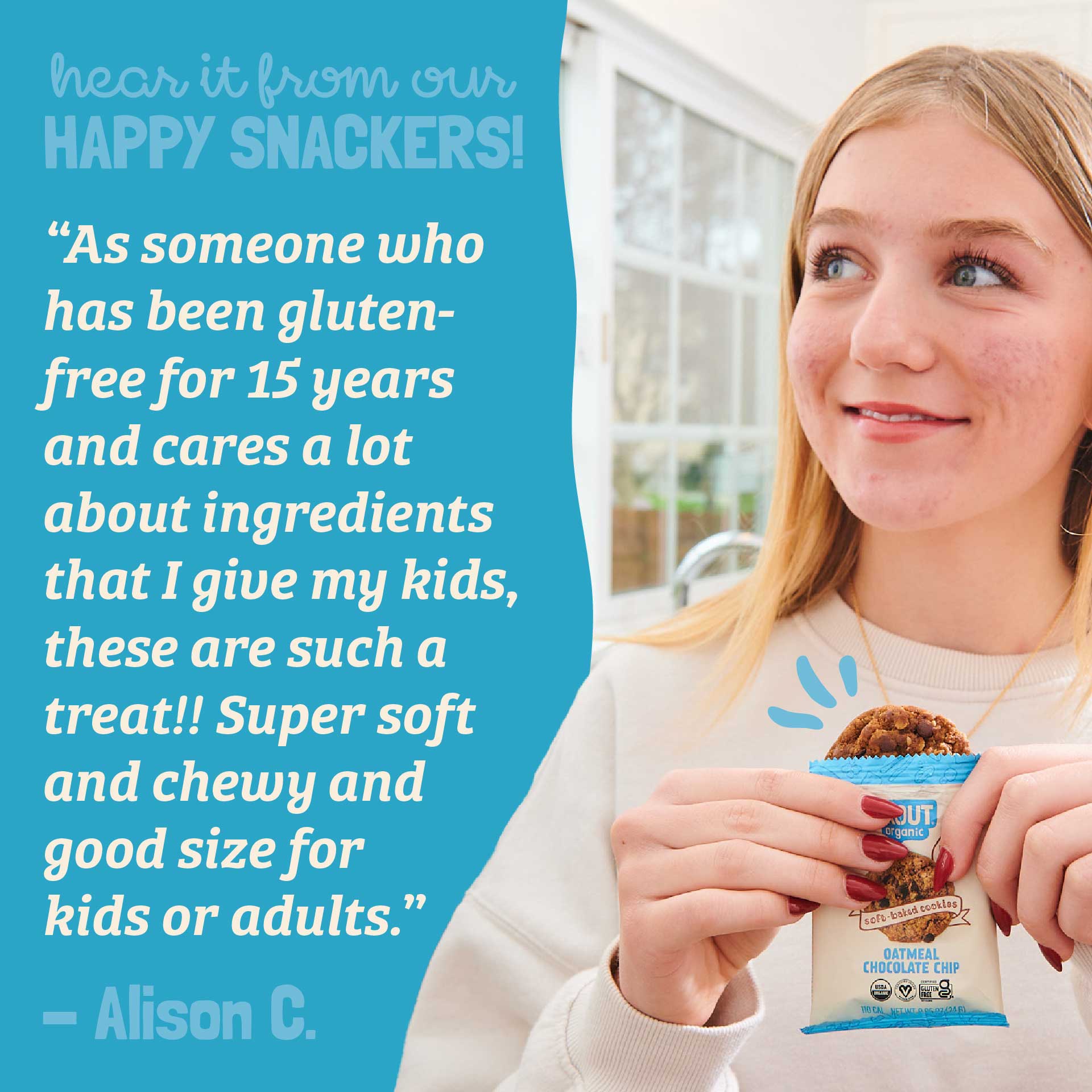 Woman holding a package of gluten-free cookies with a quote from a happy snacker on a blue background