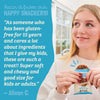 Woman holding a package of gluten-free cookies with a quote from a happy snacker on a blue background