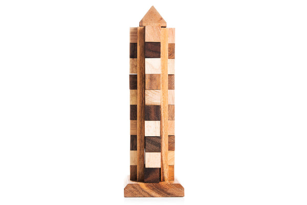 Wooden tower with checkered pattern on a white background