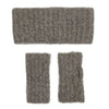 Set of gray knitted headband and arm warmers on a white background