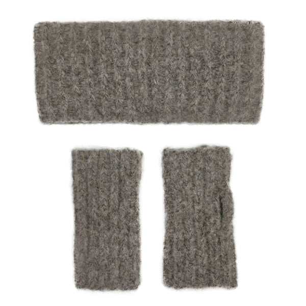 Set of gray knitted headband and arm warmers on a white background