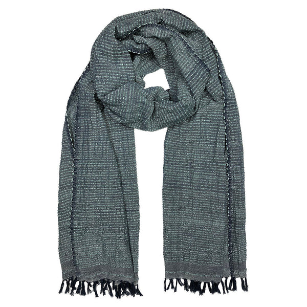 Gray textured scarf with fringes on a white background