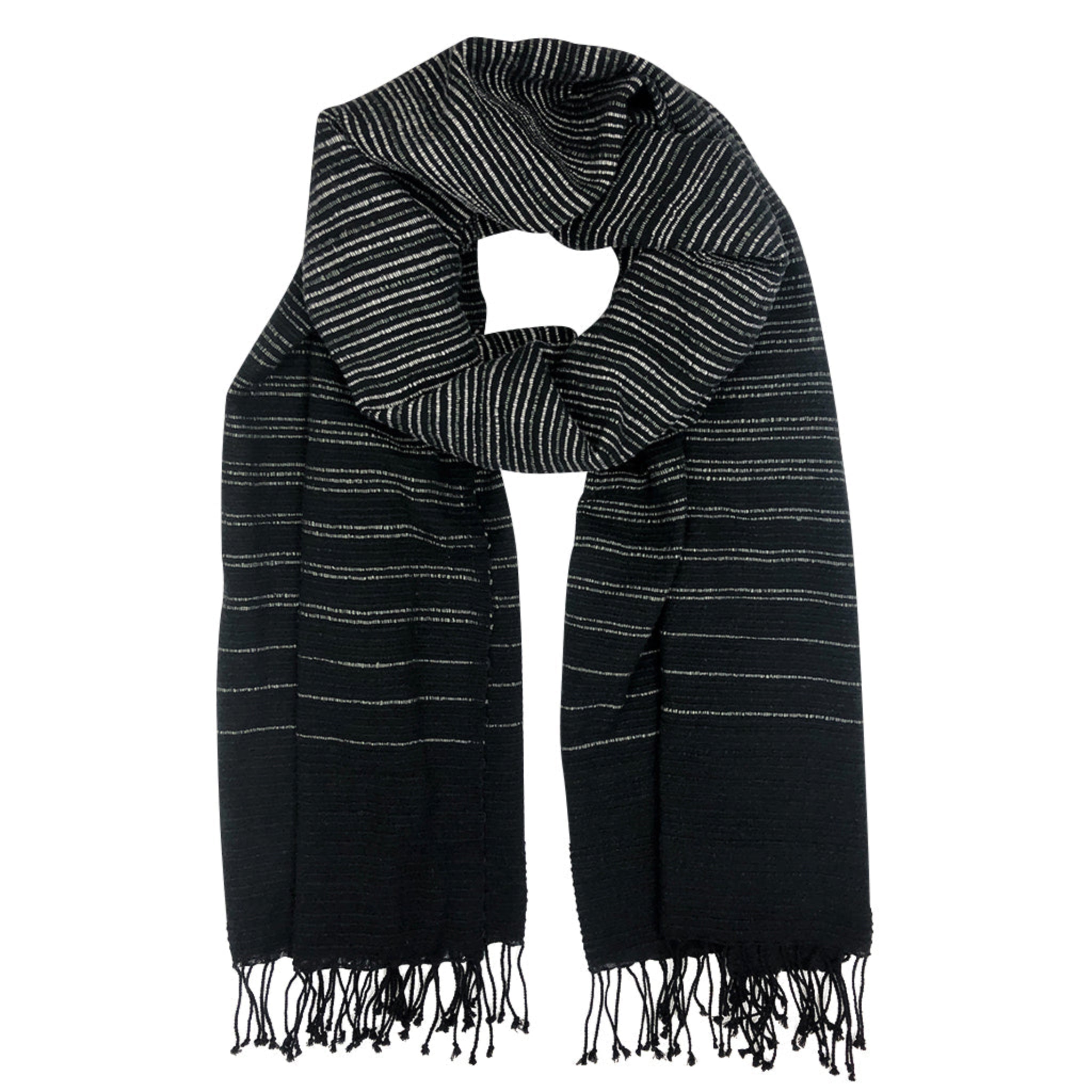 Black and white striped scarf with fringes on a white background