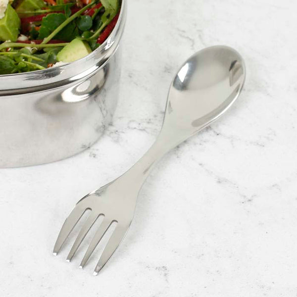 Ecozoi stainless steel spork laid flat — eco-friendly reusable cutlery for travel and everyday use