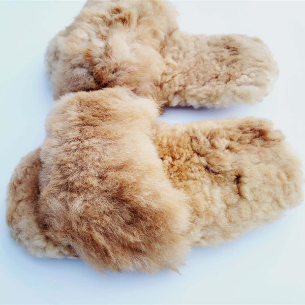 Pair of fluffy brown slippers on a light blue background