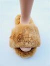 Brown fuzzy slippers on a light blue background