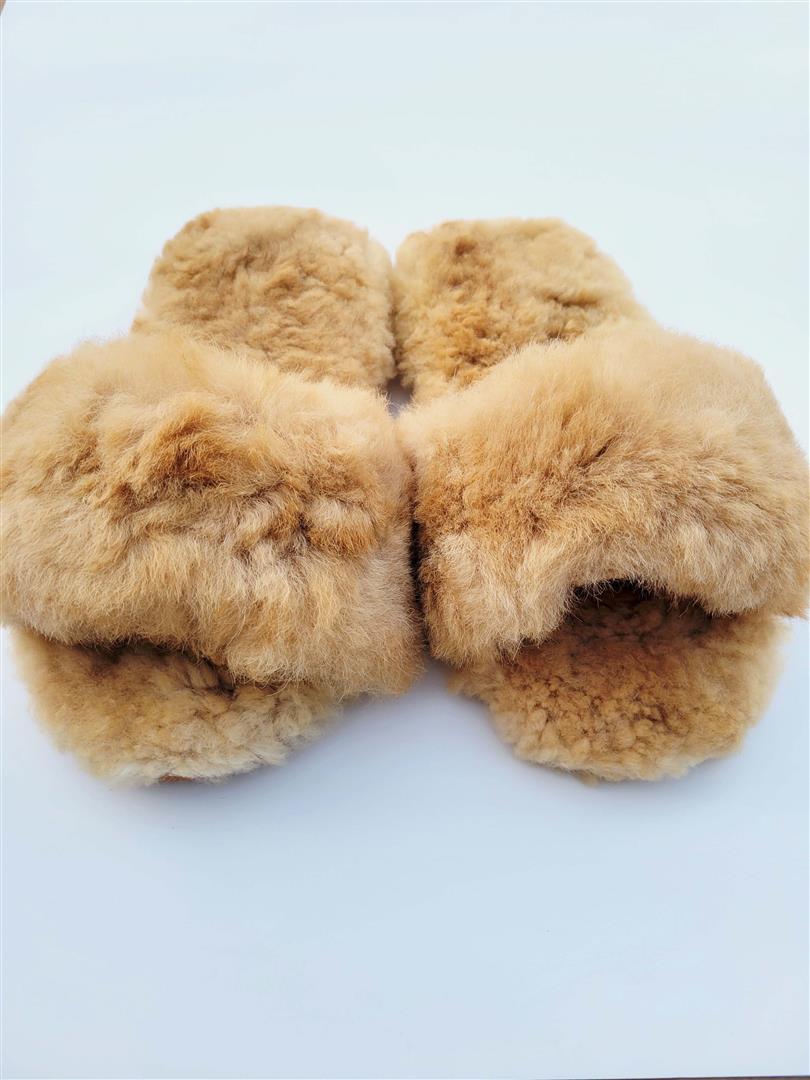 Pair of brown fuzzy slippers on a light blue background