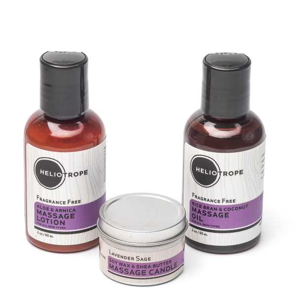 Heliotrope SF Small Massage Gift Set with all-natural massage lotion, massage oil, and travel massage candle in 2 oz sizes