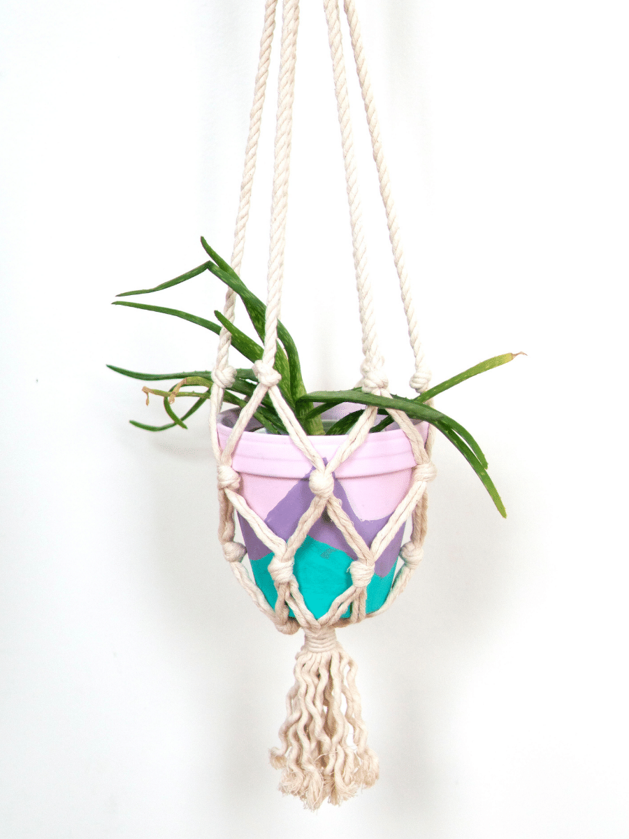 Small recycled macramé plant hanger holding a 4 to 6 inch pot — Fair Anita