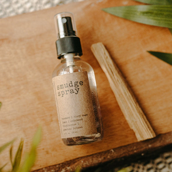Close-up of Soulistic Root Amethyst Smudge Spray bottle — natural oils formula for energy cleansing