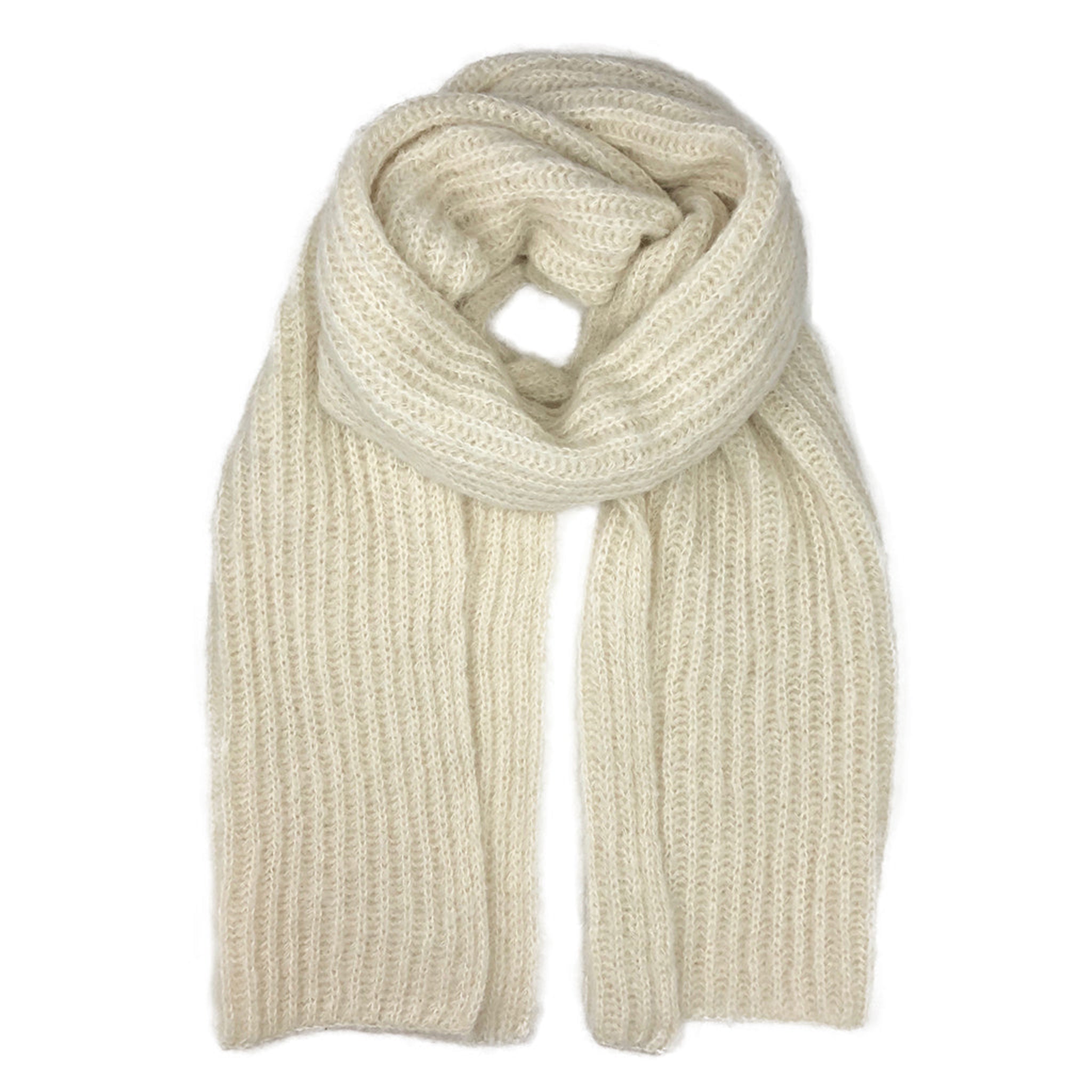 Beige knitted scarf on a white background