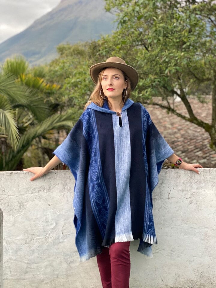 Close-up detail of 80% alpaca blend fabric texture on the Soft Blues Poncho