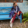 Front view of Soft Blues Alpaca Poncho showing blue and grey colour palette