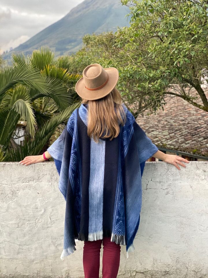 Model wearing Soft Blues Alpaca Poncho styled as an everyday outfit