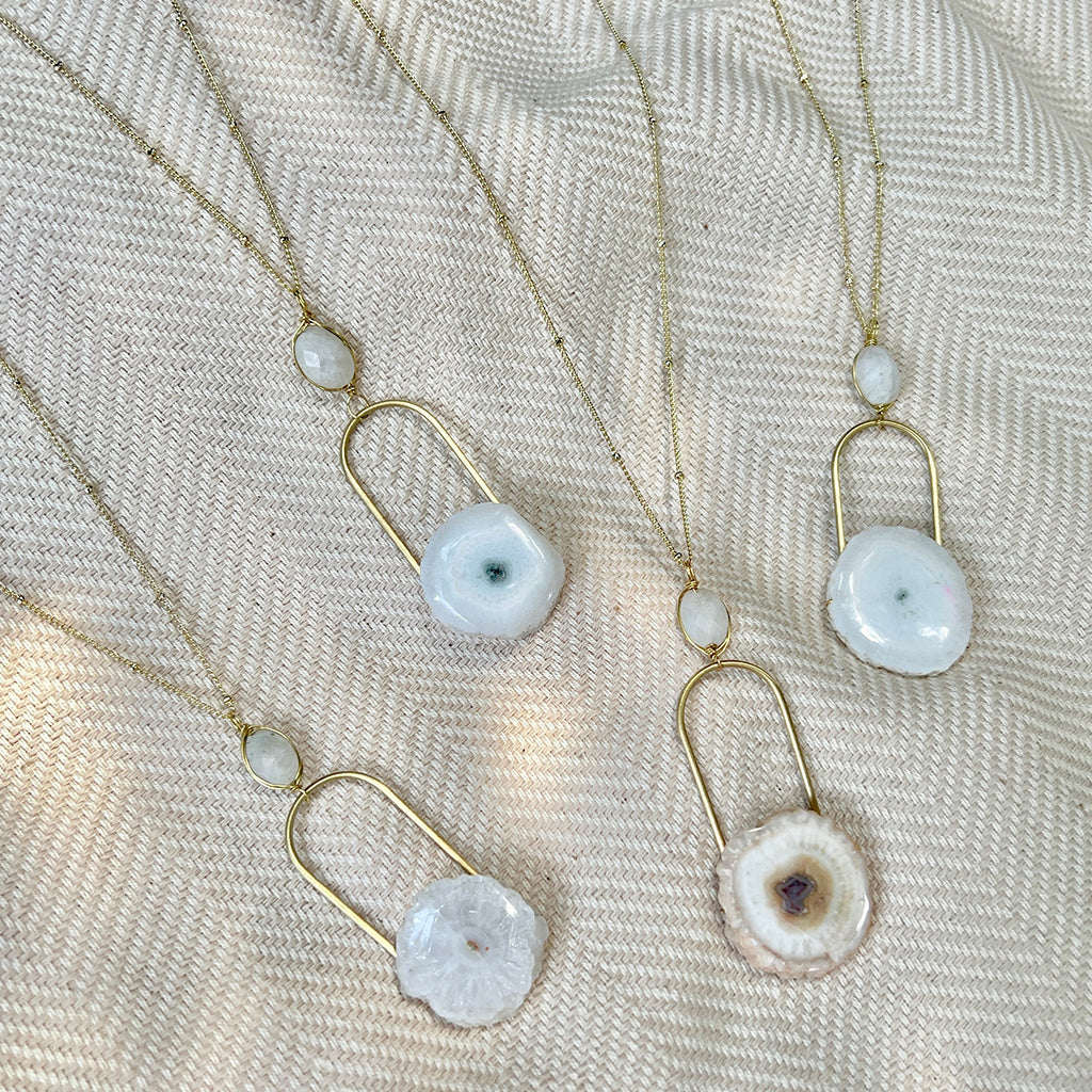 Discover the transformative power of our Solar Quartz Eye Necklace. Handmade with love in India, this unique piece features a polished solar quartz stone and a delicate moonstone. Believed to attract emotional power and enhance energy, it's the perfect accessory for those seeking beauty and spiritual connection. Shop now and experience the magic of this handcrafted masterpiece.