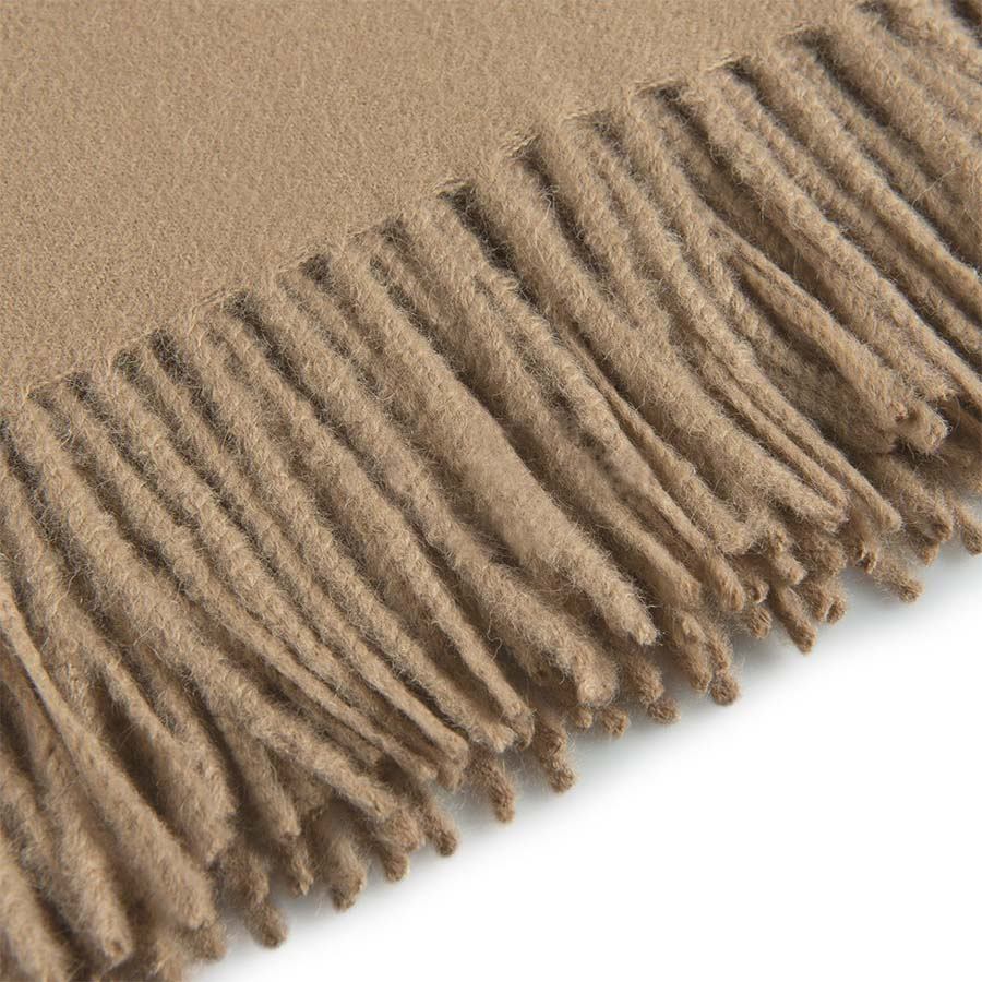 Close-up of a brown scarf with fringes on a white background