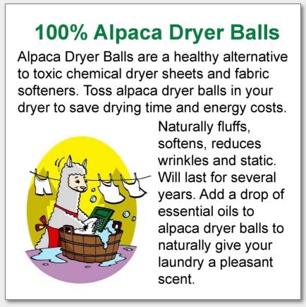Advertisement for alpaca dryer balls with text and cartoon illustration of a llama.