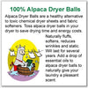 Advertisement for alpaca dryer balls with text and cartoon illustration of a llama.