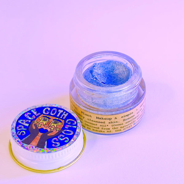 Space Goth Gloss blue glitter highlighter shown up close
