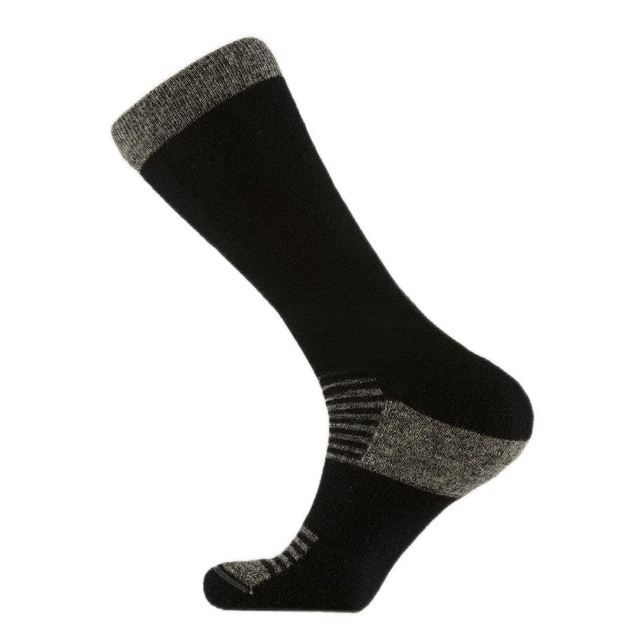 Black sock with gray trim on a white background. Stay active with Sports Crew Active Alpaca Socks – breathable, moisture-wicking, and odor-resistant athletic socks with arch support and reinforced comfort. Perfect for running, hiking & training.