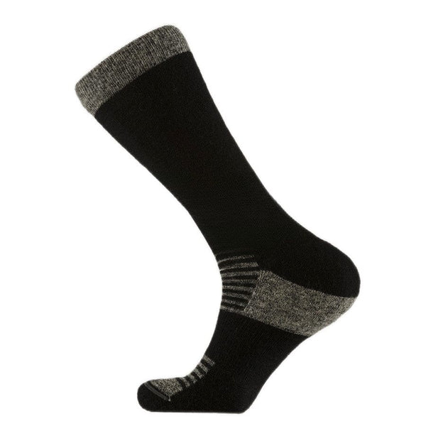 Black sock with gray trim on a white background. Stay active with Sports Crew Active Alpaca Socks – breathable, moisture-wicking, and odor-resistant athletic socks with arch support and reinforced comfort. Perfect for running, hiking & training.