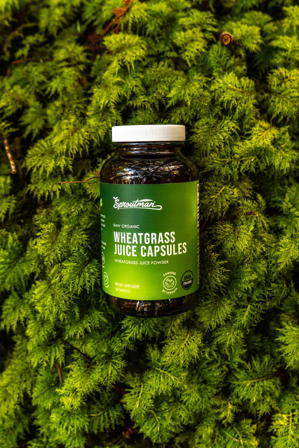 Sproutman Wheatgrass Juice Capsules packaging detail