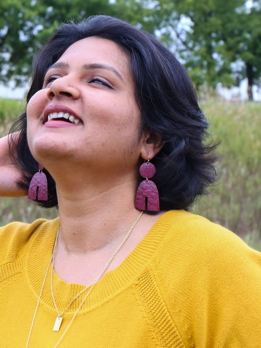 Fair Anita statement arch earrings in burgundy, ethical fair trade jewellery handcrafted in India