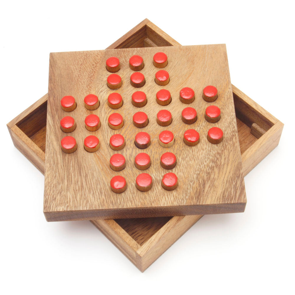 Handcrafted wooden Peg Solitaire strategy board game with compact travel-size storage box
