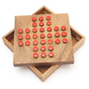 Handcrafted wooden Peg Solitaire strategy board game with compact travel-size storage box