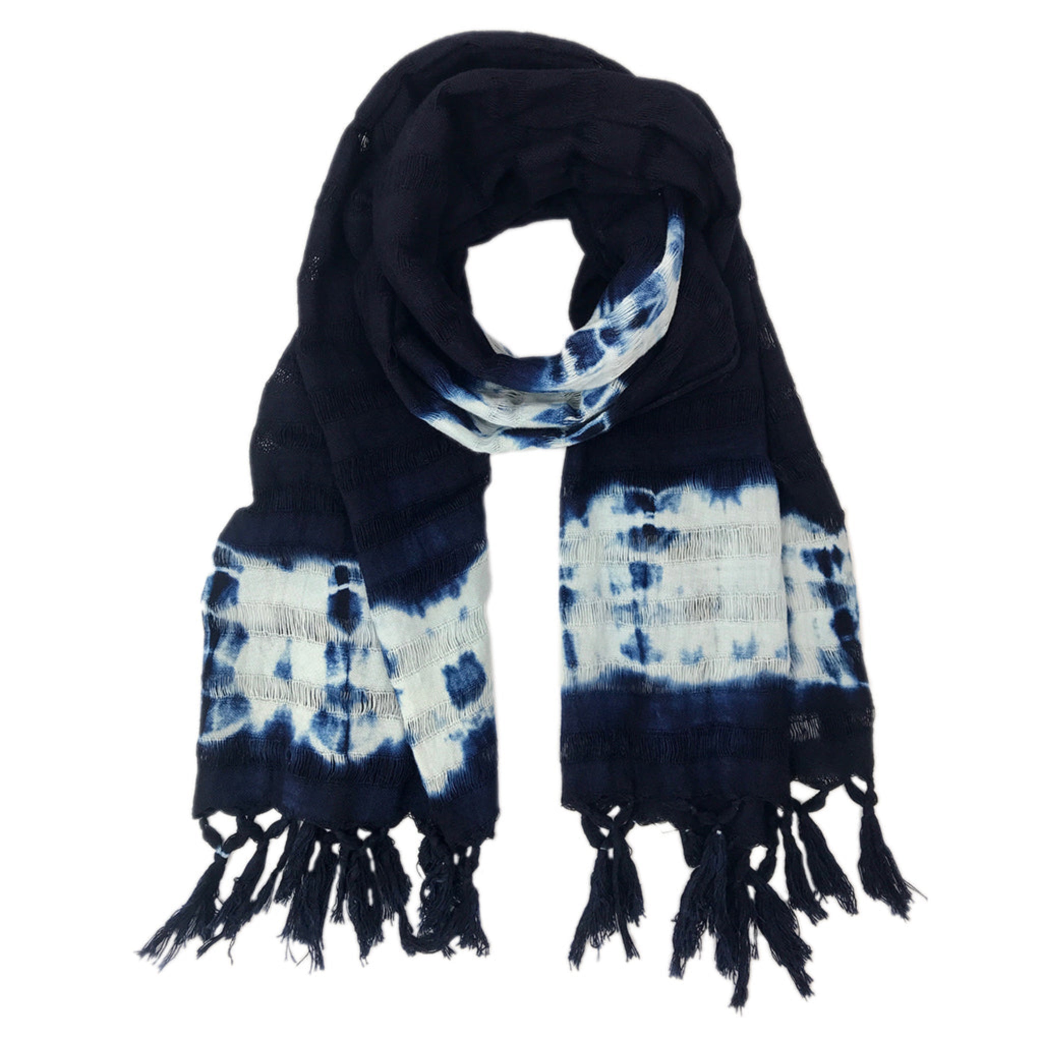 Black and white tie-dye scarf with fringes on a white background