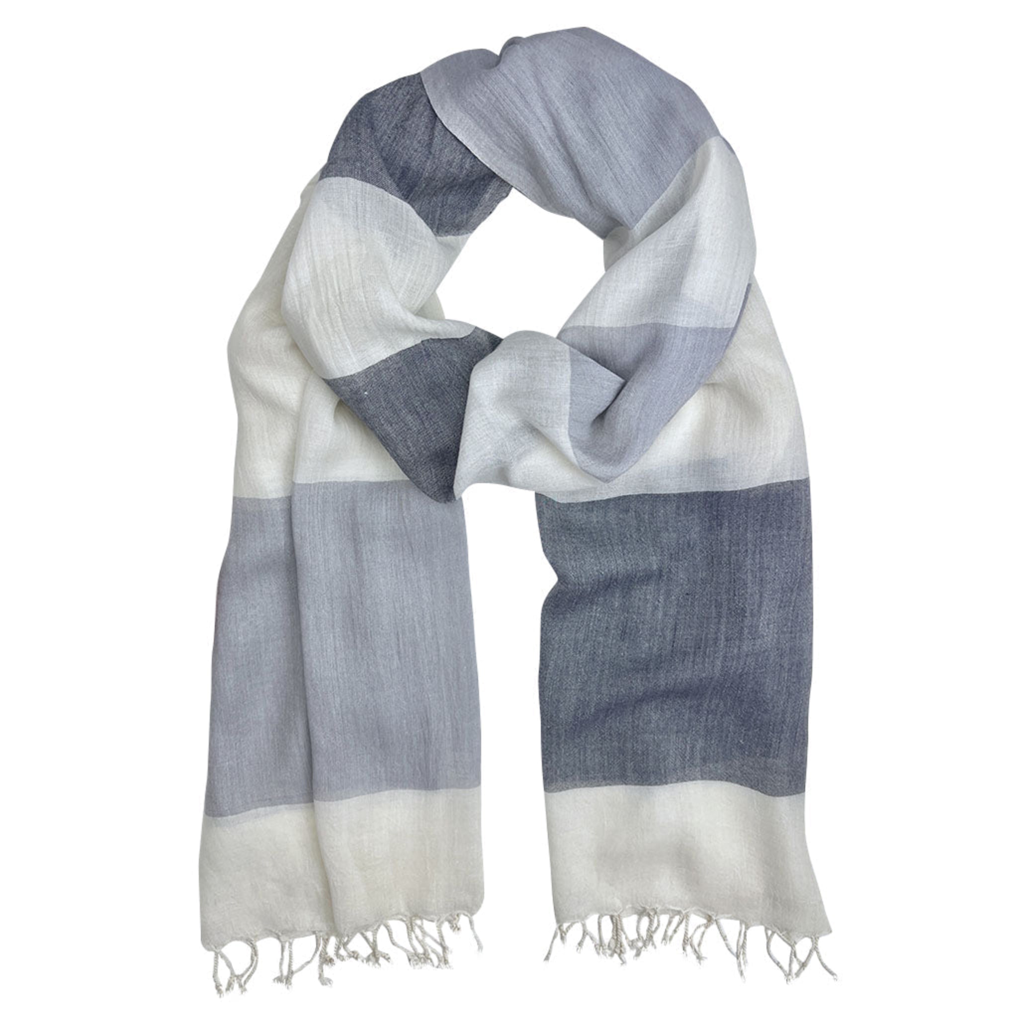 Striped scarf with blue and white colors on a white background