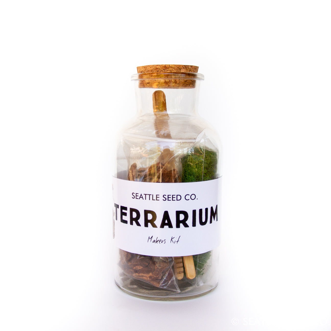 DIY terrarium kit with glass jar, reindeer moss, activated charcoal, and potting soil from Seattle Seed Company