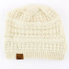 Knitted cream beanie with a brand logo on a white background