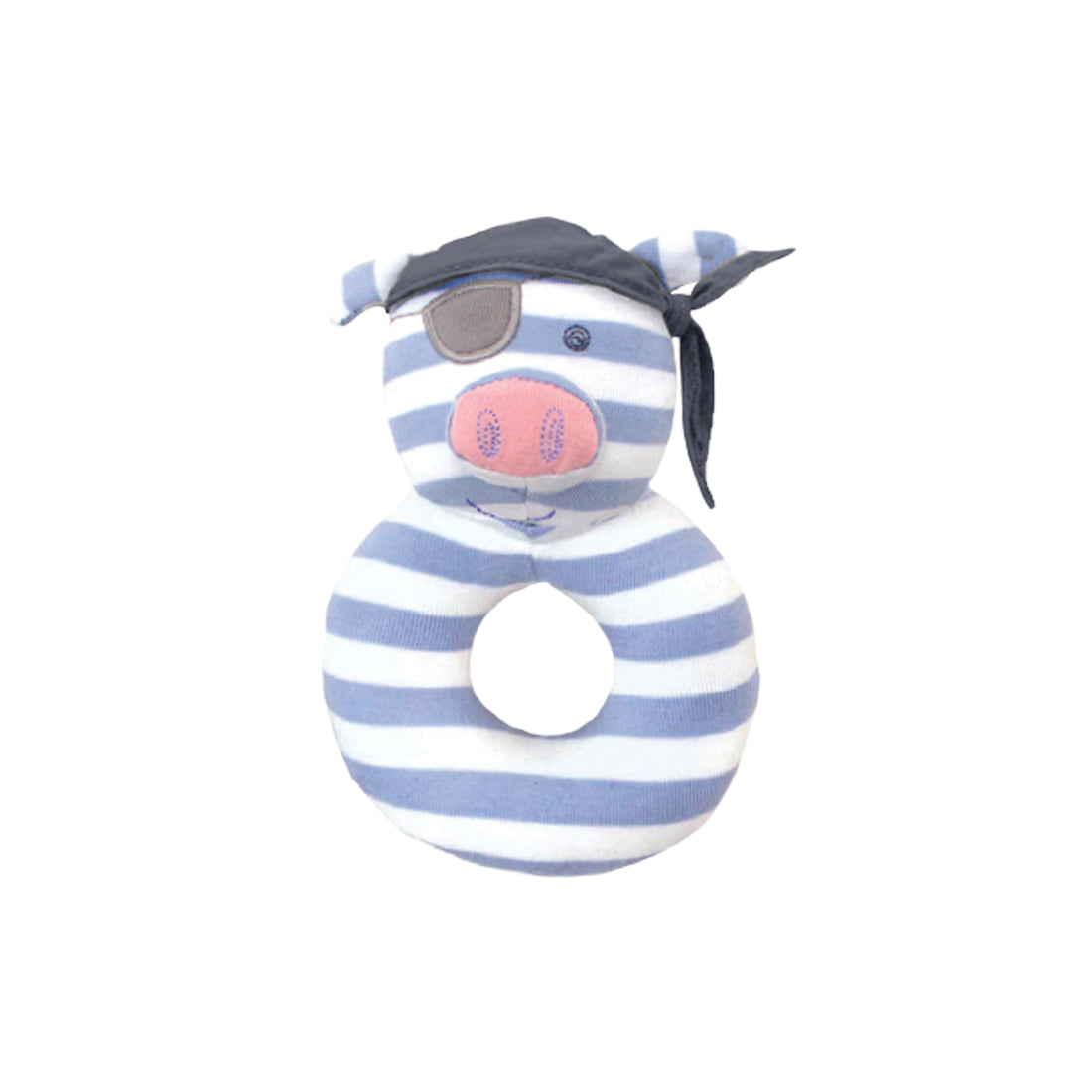 Pirate Pig teething rattle in organic cotton with embroidered eyes, nose and mouth