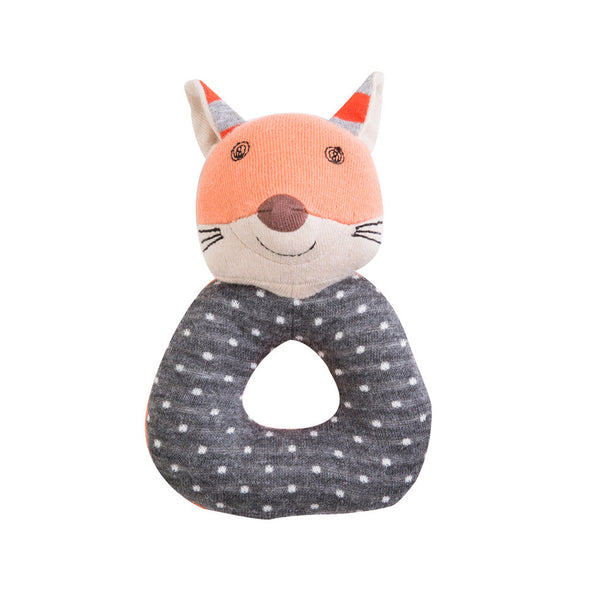 Frenchy Fox teething rattle, an organic cotton baby rattle with embroidered eyes, nose and mouth