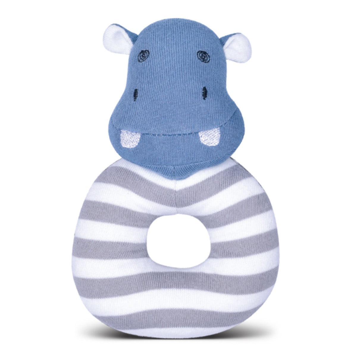 JoJo Hippo teething rattle in organic cotton with embroidered eyes, nose and mouth
