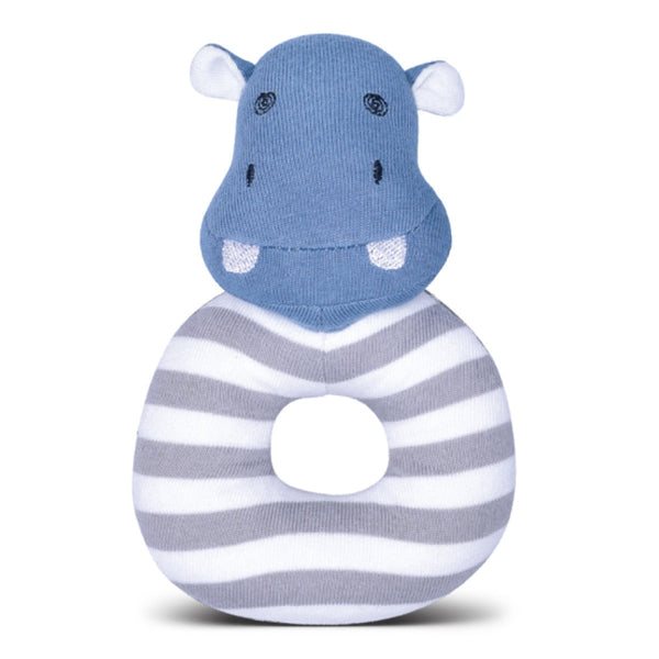 JoJo Hippo teething rattle in organic cotton with embroidered eyes, nose and mouth