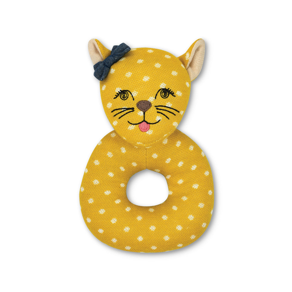Rita Cheetah organic cotton teething rattle with embroidered face and chambray bow from Apple Park & Organic Farm Buddies