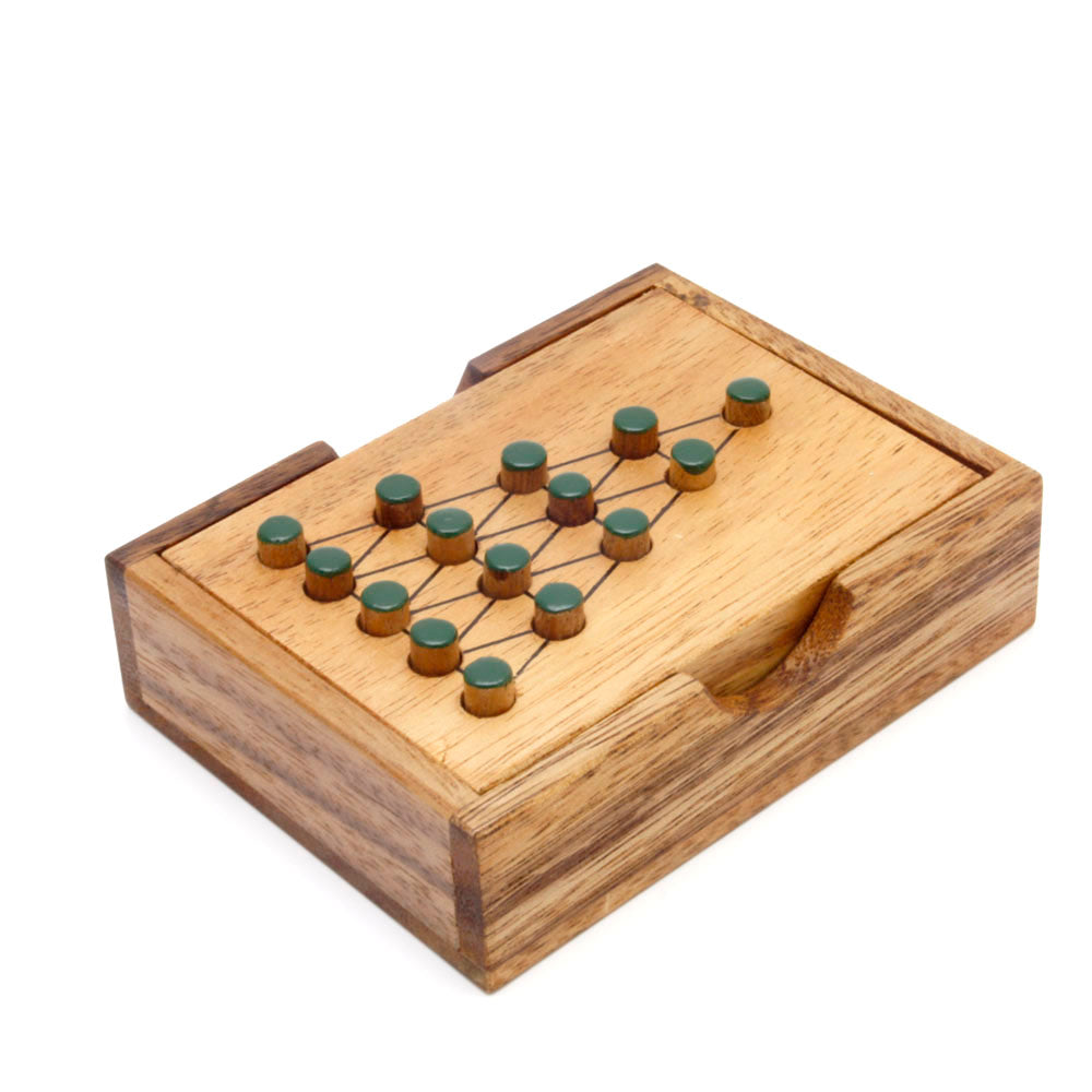Wooden puzzle box with green pegs on a white background