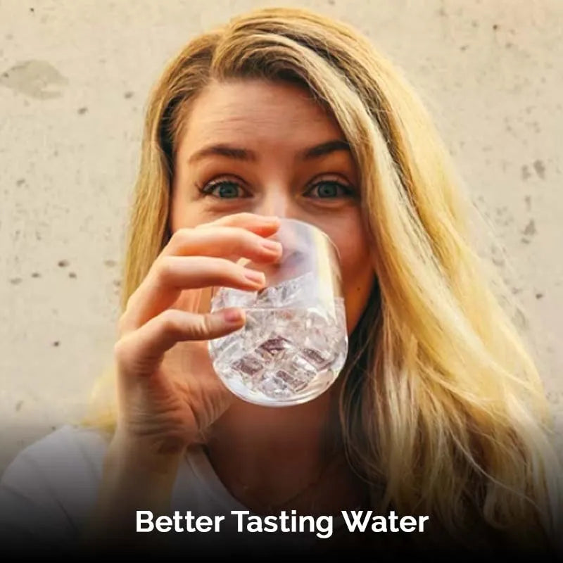 Woman drinking from a clear glass with 'Better Tasting Water' text.
