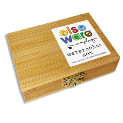 Open bamboo watercolor set showing 18 vibrant paint pans and removable mixing tray