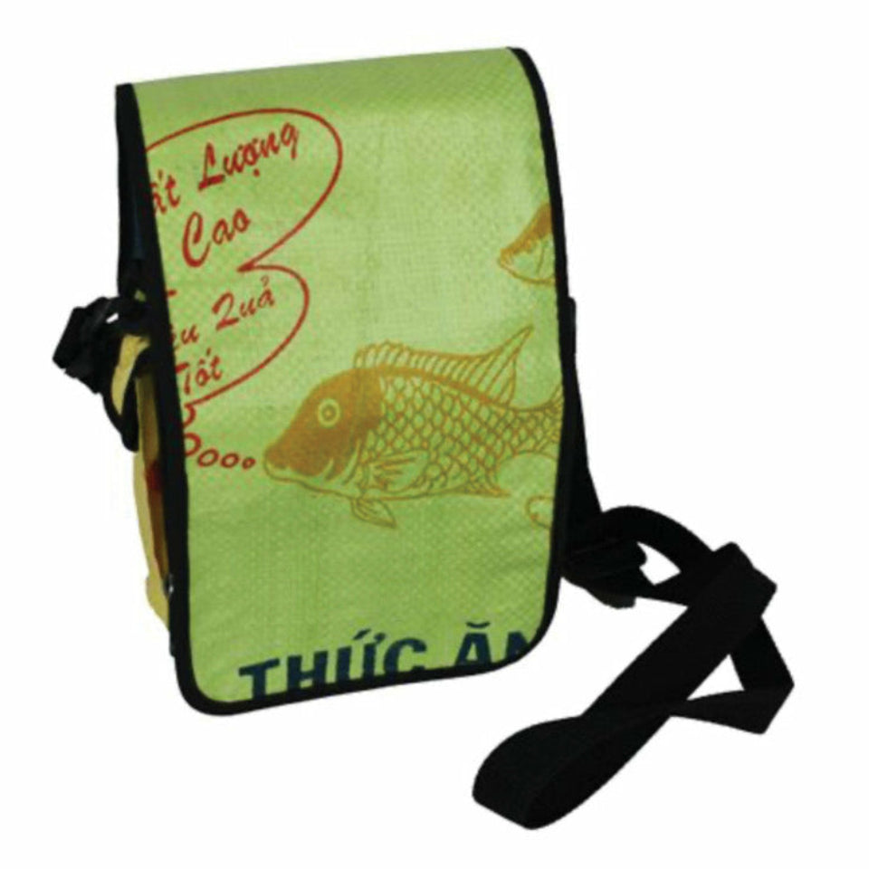 Lime green eco-conscious lunch bag made from recycled feed bags by Cambodian artisans, with fold-over top closure and shoulder strap — HHPLIFT fair trade bag