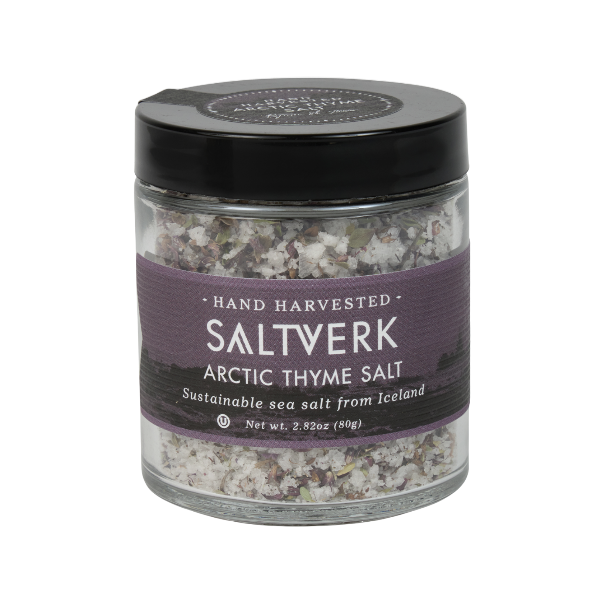 Jar of Saltverk Arctic Thyme Salt on a white background