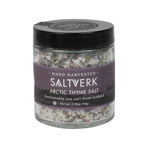 Jar of Saltverk Arctic Thyme Salt on a white background