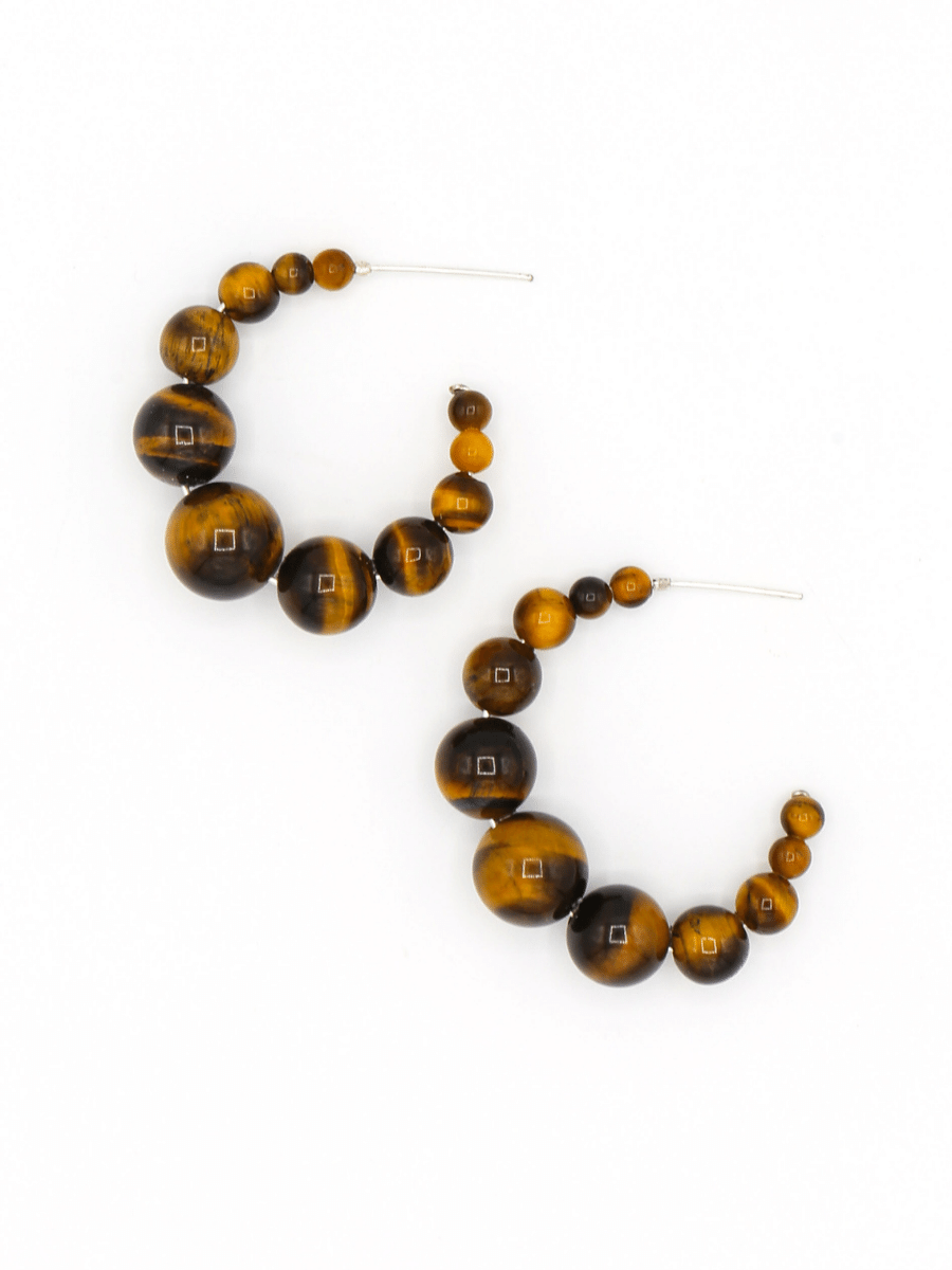 Tiger eye graduated beaded hoop earrings by Fair Anita, nickel-free, 1.5 inch