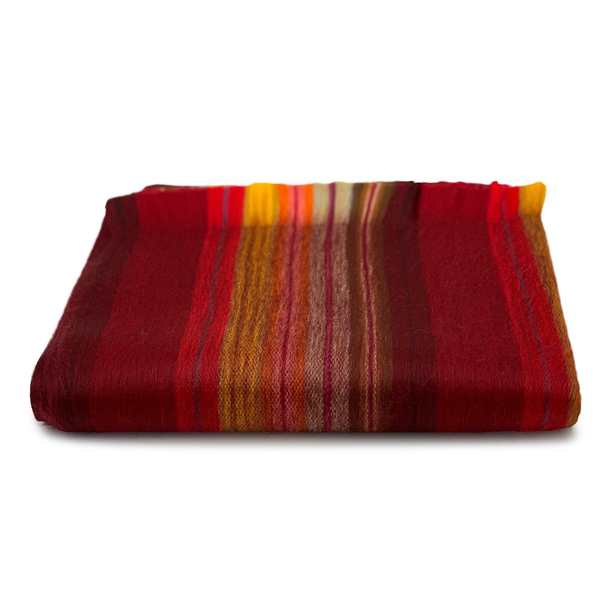 Striped fabric with red, orange, and yellow colors on a white background
