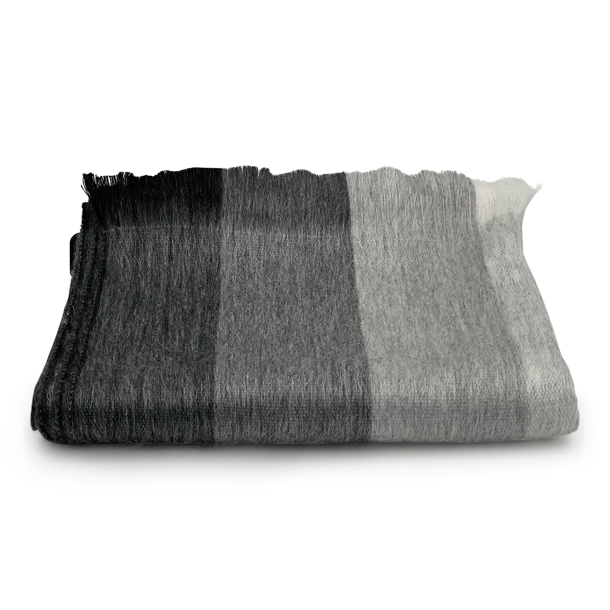 Gray and black striped blanket on a white background
