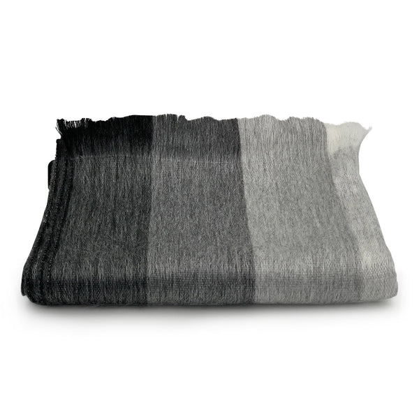 Gray and black striped blanket on a white background